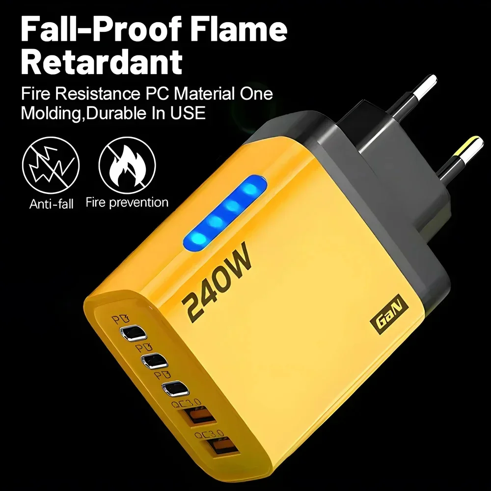 Ładowarka GaN USB-C 240W 5w1 – szybka ładowarka sieciowa PD/QC, 3× USB-C i 2× USB, do iPhone, Samsung, Xiaomi