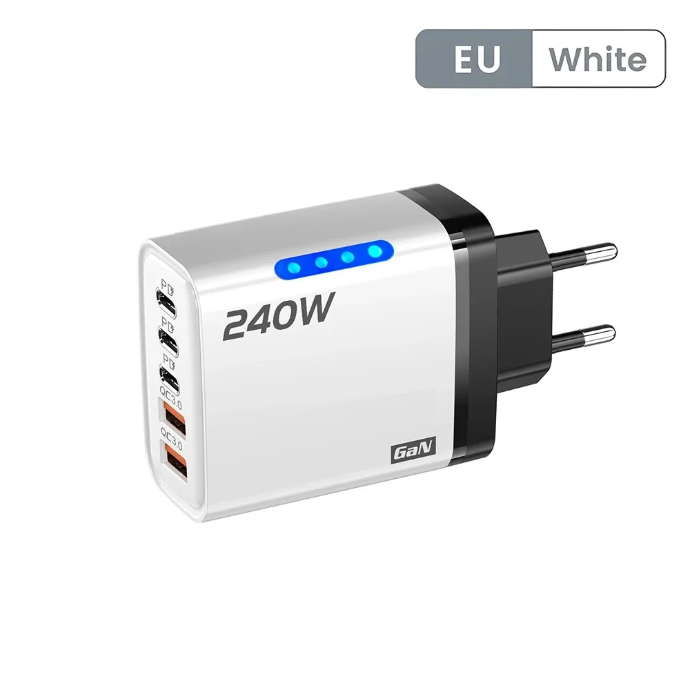 Ładowarka GaN USB-C 240W 5w1 – szybka ładowarka sieciowa PD/QC, 3× USB-C i 2× USB, do iPhone, Samsung, Xiaomi