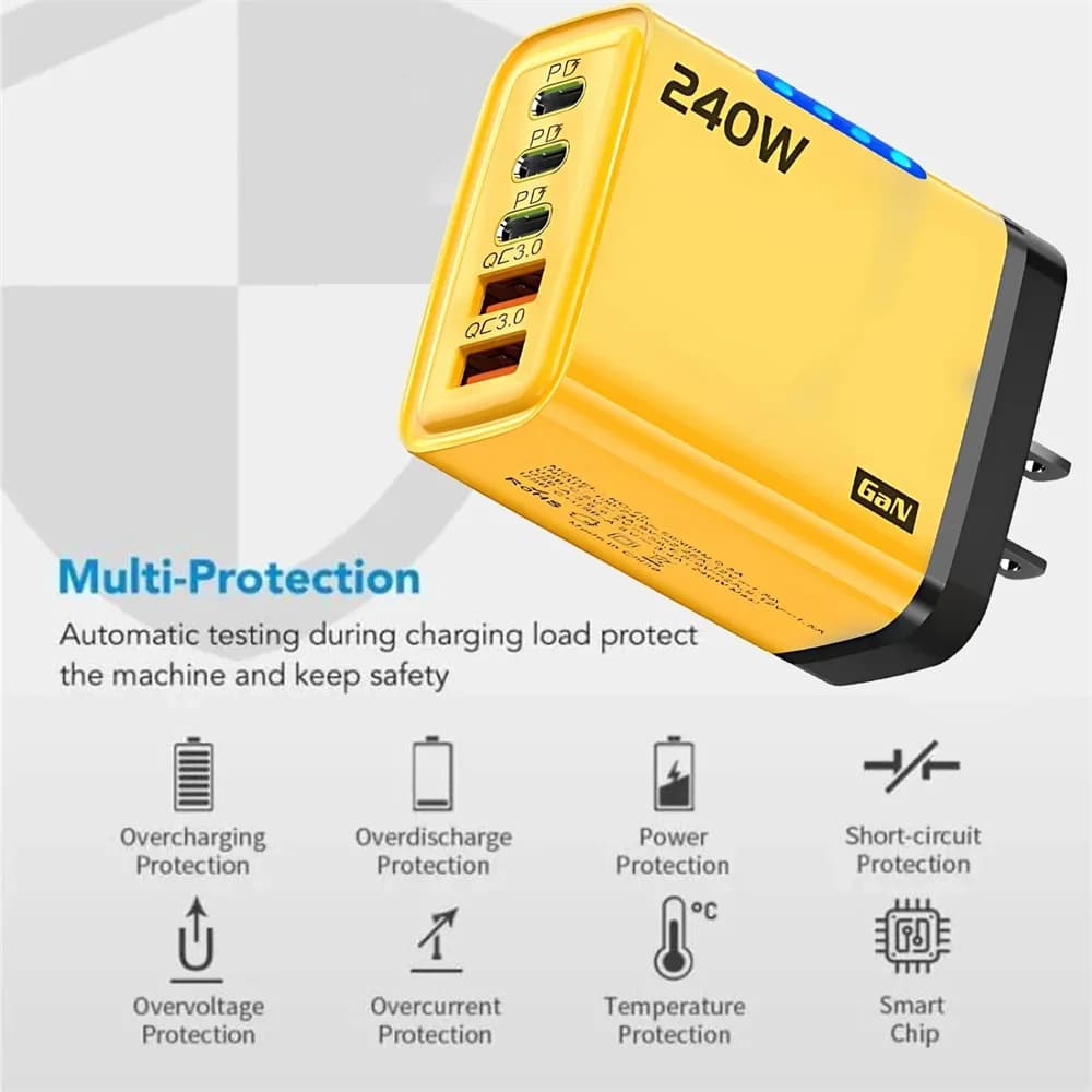Ładowarka GaN USB-C 240W 5w1 – szybka ładowarka sieciowa PD/QC, 3× USB-C i 2× USB, do iPhone, Samsung, Xiaomi