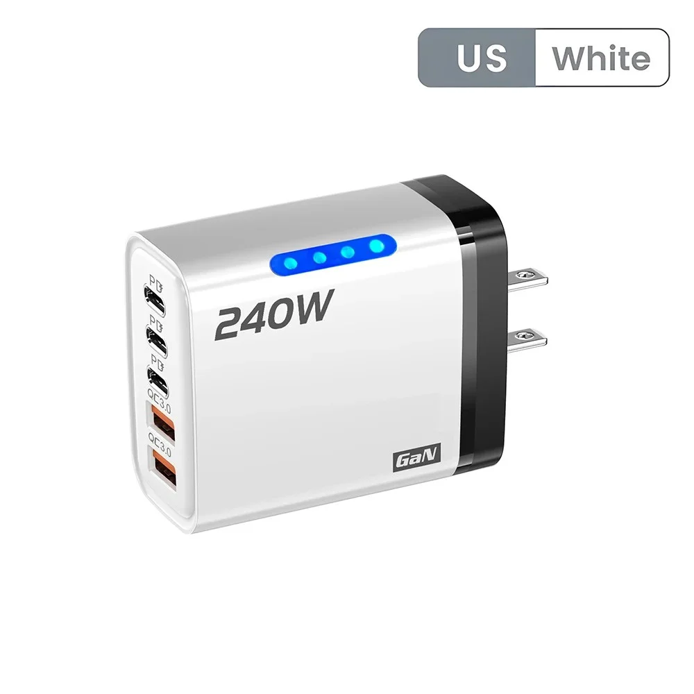 Ładowarka GaN USB-C 240W 5w1 – szybka ładowarka sieciowa PD/QC, 3× USB-C i 2× USB, do iPhone, Samsung, Xiaomi