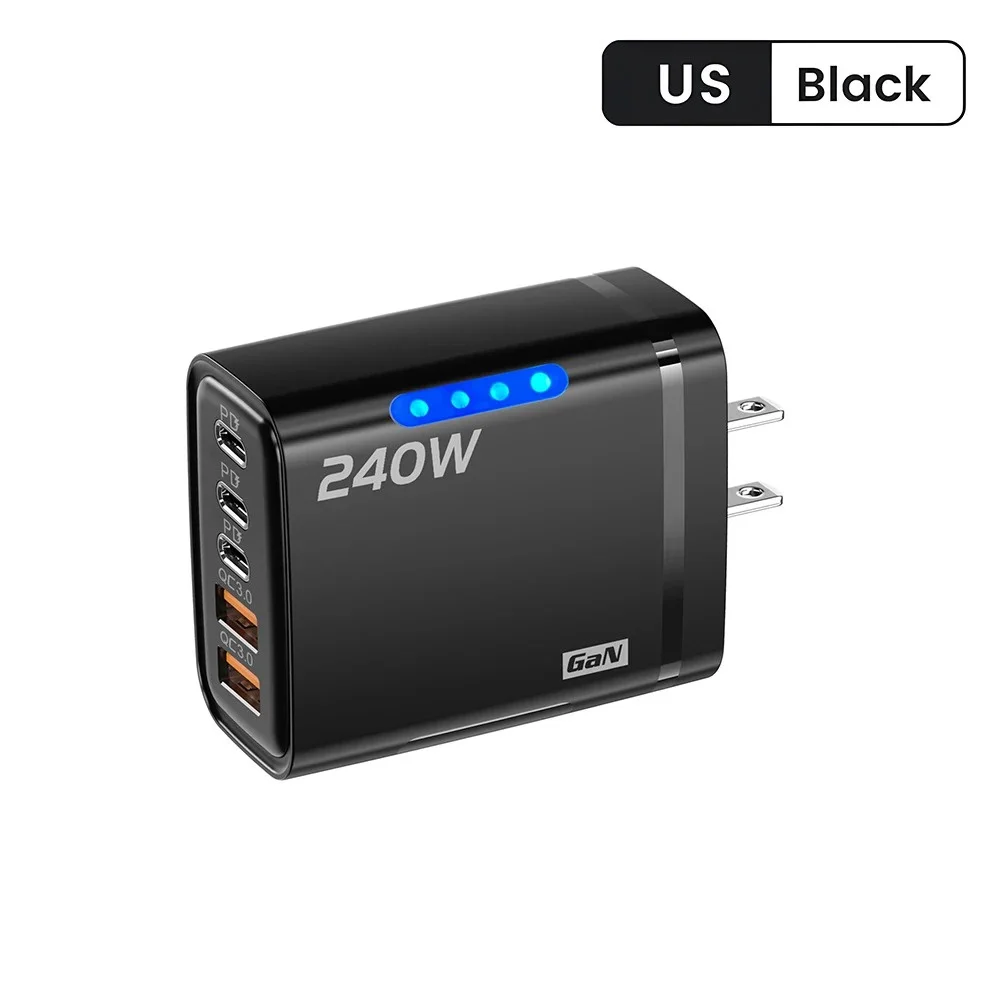 Ładowarka GaN USB-C 240W 5w1 – szybka ładowarka sieciowa PD/QC, 3× USB-C i 2× USB, do iPhone, Samsung, Xiaomi