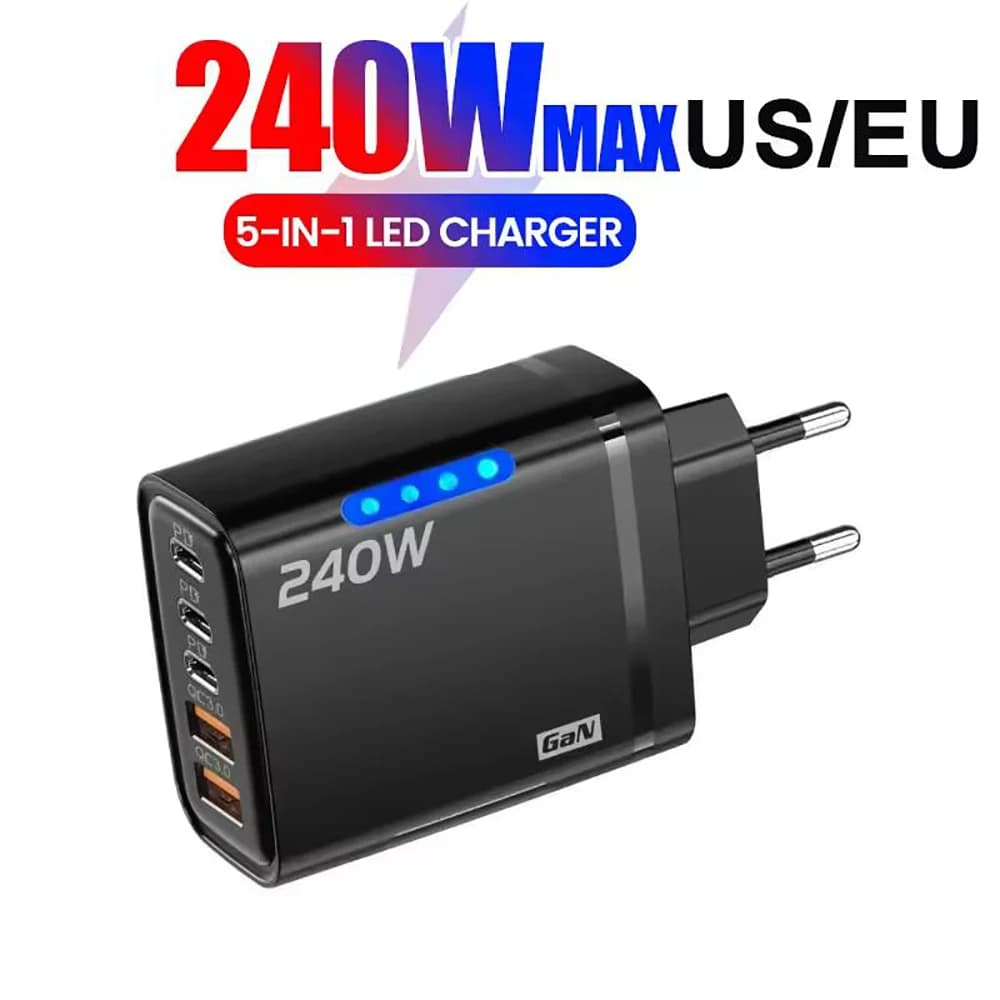 Ładowarka GaN USB-C 240W 5w1 – szybka ładowarka sieciowa PD/QC, 3× USB-C i 2× USB, do iPhone, Samsung, Xiaomi